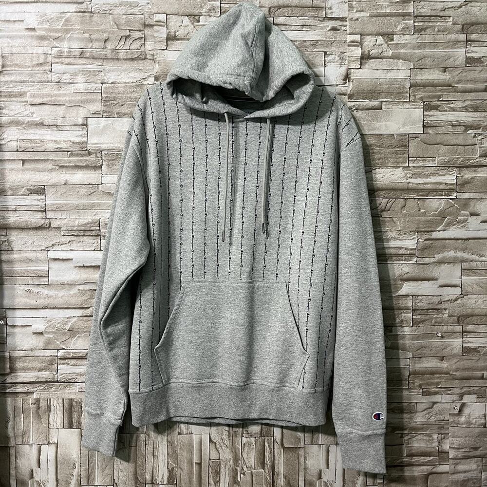 Champion Mens Pinstriped Logo Graphic Fleece Hoodie Gray L Pockets